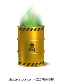 3d realistic vector icon illustration toxic waste yellow barrel. Isolated on white background.