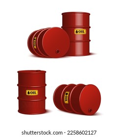 Containers for liquid. Plastic, metal and wood barrel set. Vector