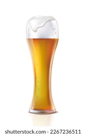 3d realistic vector icon illustration. Beer mug with foam. Transparent glass. Isolated on white background.