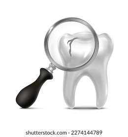 3d realistic vector icon illustration.  Dental clinic, brocken tooth with magnifying glass.