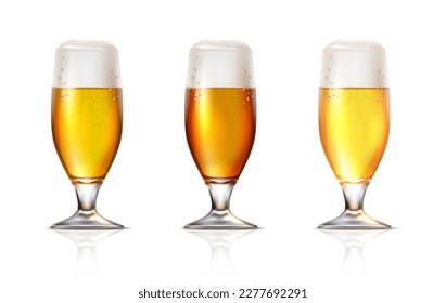 3d realistic vector icon illustration. Set of beer mugs with foam, dark, gold and light. isolated on white background.