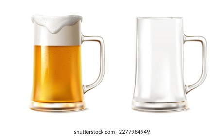 Ilustración de iconos vectoriales realistas 3d. Cerveza con espuma y taza de vidrio vacía. aislado de fondo blanco.