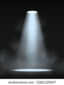 3d realistic vector icon illustration. Stage spotlight lamp with cloud and fog on dark background.