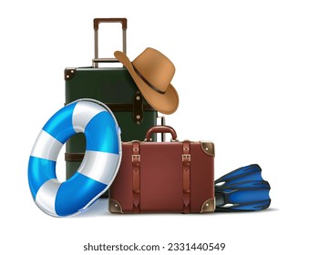 3d realistic vector icon illustration. Travel time design concept. Elements with luggage, hat, snorkeling lifebyou.