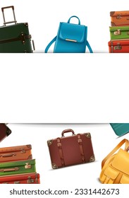 3d realistic vector icon illustration. Travel concept. Luggage and backpacks with copy space.
