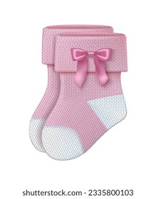 3d realistic vector icon illustration. Pink baby girl knitted socks.