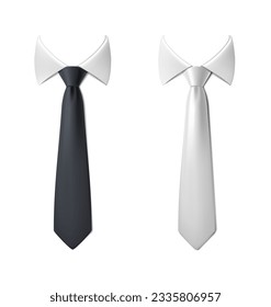 3d realistic vector icon illustration set. Black and white neck tie with white collar bow.