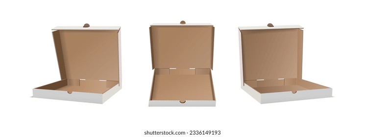 3d realistic vector icon illustration set. Side and front view cardboard open pizza boxes.