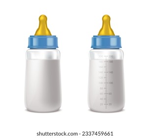3d realistic vector icon illustration set. Baby boy bottle blue set. Isolated.