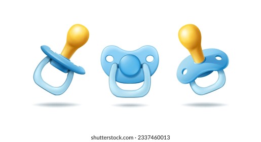 3d realistic vector icon illustration set. Blue baby boy pacifier in front side view. Isolated.