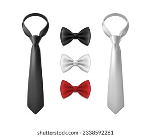 3d realistic vector icon illustration set. Black and white neck tie and bow.