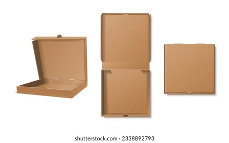 3d realistic vector icon illustration set. Brown open closed and top view pizza box.