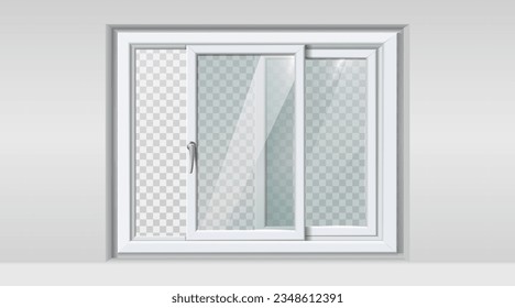 3d realistic vector icon illustration. White frame plastic frame sliding window in the wall.