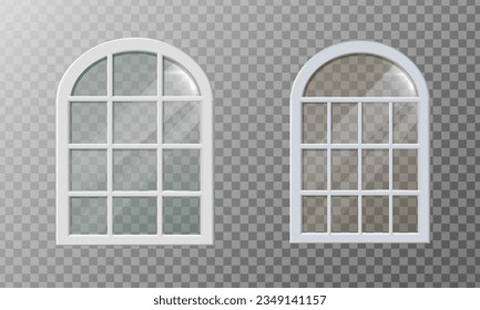 3d realistic vector icon illustration. Old mansion arch white frame window with transparent glass reflection.