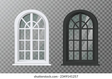 3d realistic vector icon illustration. Old mansion arch window frames in black and white.