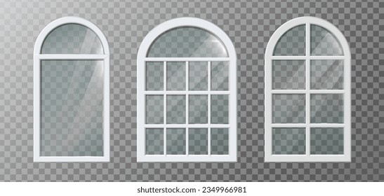 3d realistic vector icon illustration. Collection of white plastic arch window frames.