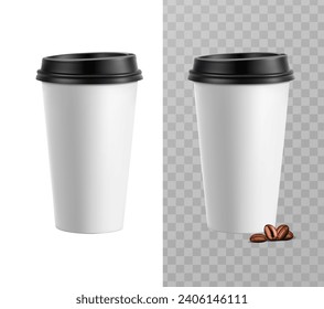 3d realistic vector icon illustration. Paper coffee cup with black coffee lid.