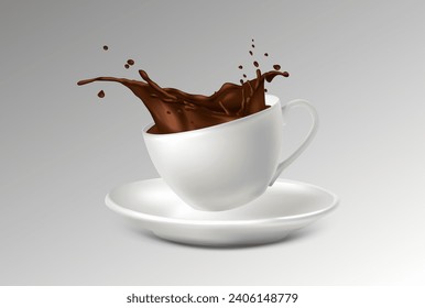 3d realistic vector icon illustration. White cup with saucer and splash of coffee.