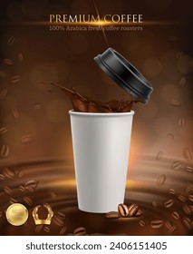 3d realistic vector icon illustration. Paper coffee cup with splash of coffe on background. Premium coffee roasters.