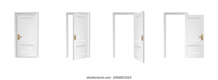 3d realistic vector icon illustration. White wooden door opened and closed.