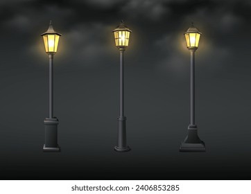 3d realistic vector icon illustration. Old street lights with smoke dark effect.