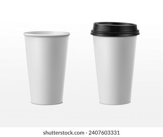 3d realistic vector icon illustration. Paper coffee cup with black lid and without.