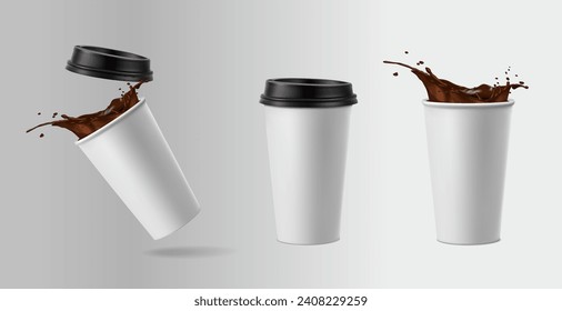 Ilustración de iconos vectoriales realistas 3d. Cafeterías de papel abiertas y cerradas con salpicaduras de café.