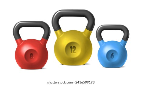 3d realistic vector icon illustration. Set of kettlebells weights in color.