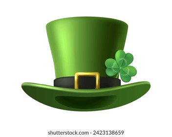 3d realistic vector icon illustration.  Green leprechaun hat with clover shamrock on it. Isolated on white background.