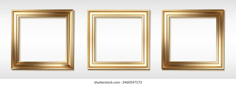 3d realistic vector icon illustration. Set of golden square picture frames. Isolated on white background.