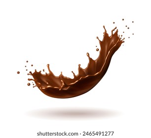 3d realistic vector icon illustration. Chocolate splash swirl. Choco drink, cacao, nutella flow, choco wave.