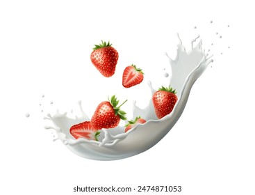 3d realistic vector icon illustration. Strawberry milk. Milk splash with strawberries falling. Isolated n white background. Dairy products or yoghurt with strawberries.