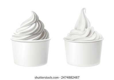 Ilustración realista 3d del icono del Vector. Crema batida o helado suave en una taza blanca. Aislado en blanco. 