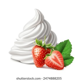 3d realistic vector icon illustration. White whipped cream with whole strawberry and half strawberry with leaves.