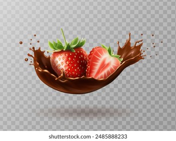 3d realistic vector icon illustration. Chocolate strawberry milk. Choco splash with strawberries falling. Isolated n white background. Dairy products or cocoa with strawberries.