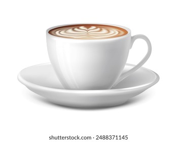 3d realistic vector icon illustration. White coffee cup. Cappucino drink. Isolated on white background.