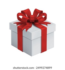 3d realistic vector icon illustration. White gift box with red silky ribbon bow. Present box isolated on white background.