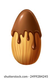 3d realistic vector icon illustration. Almond nut with pouring chocolate on top of it. Almond butter with maple syrup. 