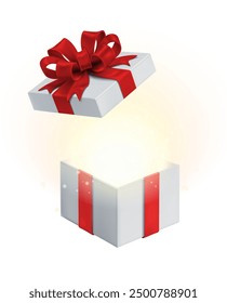 Ilustración realista del icono del Vector 3D. Caja de regalo blanca abierta con lazo de cinta sedosa roja. Presente la caja con el resplandor dentro aislado en el fondo blanco.