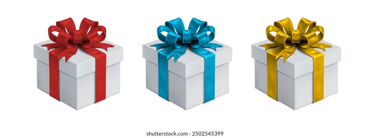 Ilustración realista del icono del Vector 3D. Conjunto de cajas de regalo blancas con lazo de cintas sedosas rojas, azules o doradas. Caja presente aislada en el fondo blanco.