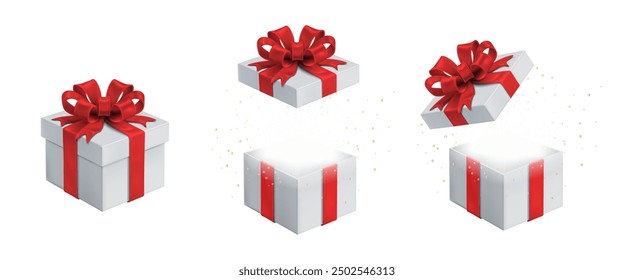 3d realistic vector icon illustration. Open and closed white gift boxes with red silky ribbon bow. Present box with glow inside isolated on white background.