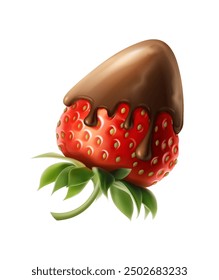 3d realistic vector icon illustration. Whole strawberry covered with dripping chocolate.