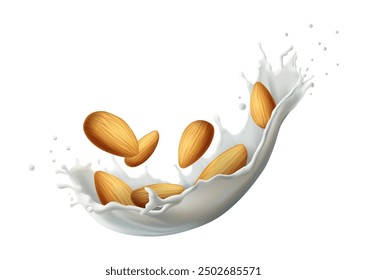 Ilustración realista del icono del Vector 3D. Nuez de almendra con salpicaduras lechosas. Leche de almendras, producto lácteo.