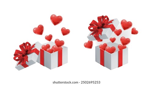 3d realistic vector icon illustration. White gift box with red ribbon and hearts coming out of it. Present with lid and red bow.