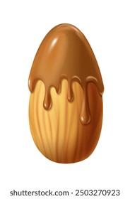 3d realistic vector icon illustration. Almond nut with melting sirup or chocolate on top. Peanut butter almond.