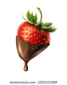 3d realistic vector icon illustration. Whole red strawberry covered in chocolate. Chocolate dripping fondue. Isolated.