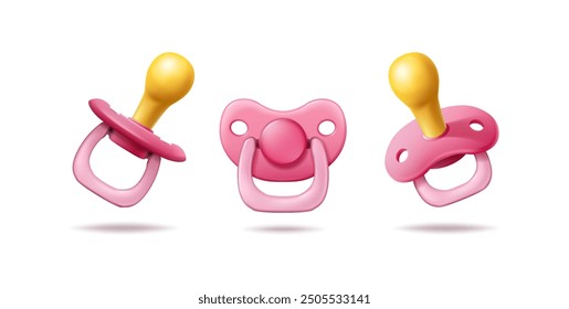 3d realistic vector icon illustration set. Pink baby girl pacifier in front side view. Isolated.