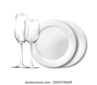 3d realistic vector icon illustration. Clean white plate dishes and glasses. Isolated.