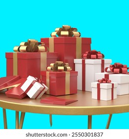 Ilustración realista del icono del Vector 3D. Cajas de regalo blancas abiertas y cerradas con lazo de cinta sedosa roja. Presente la caja con el resplandor dentro aislado en el fondo blanco.