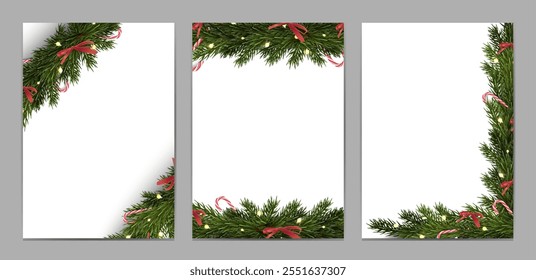 3d realistic vector icon illustration banner. Collection of Christmas celebration fir tree borders with lights and red ribbons.